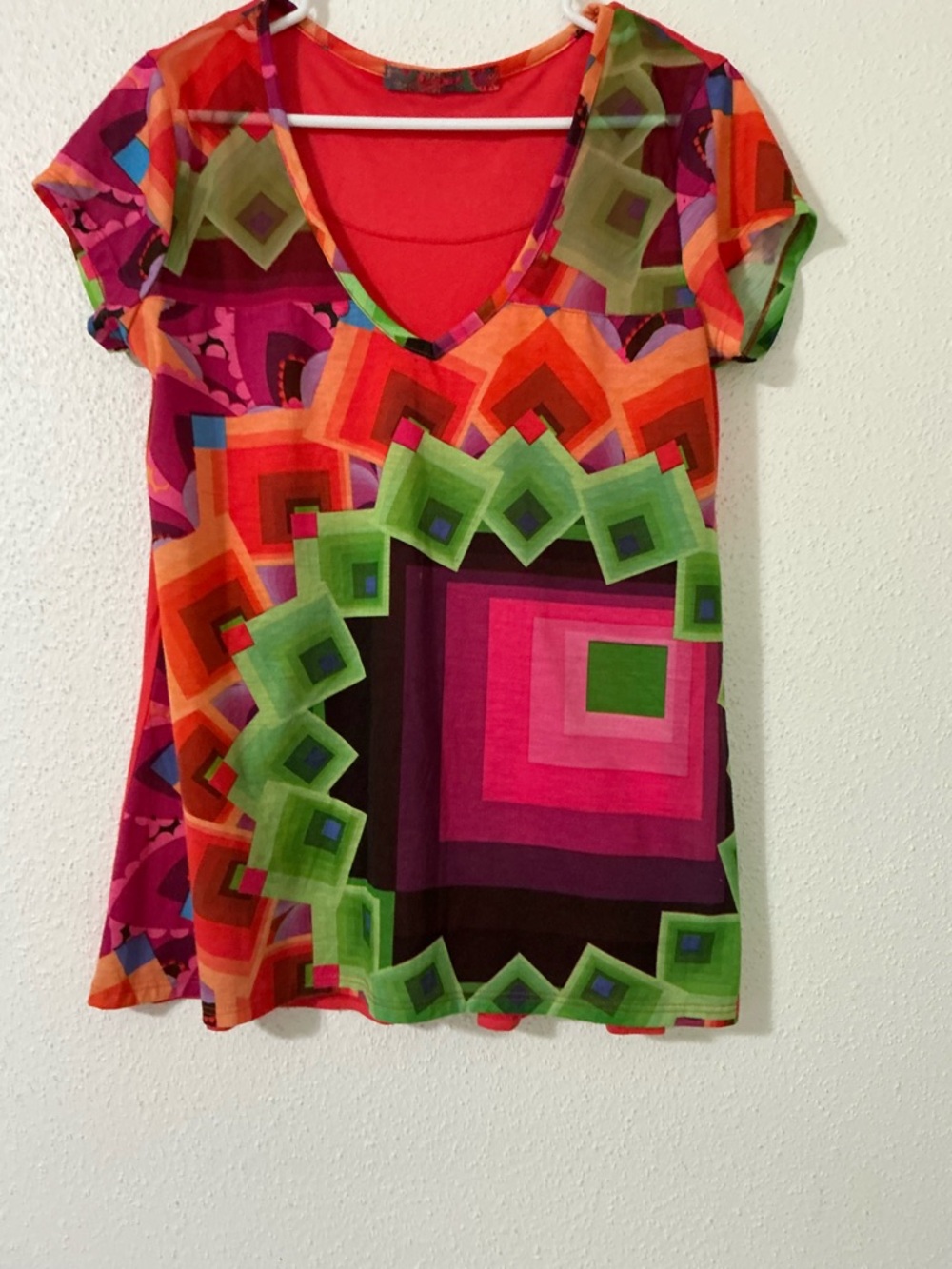 Desigual Multicolor Pink Orange Green Purple V-Neck Short Sleeve Top Large